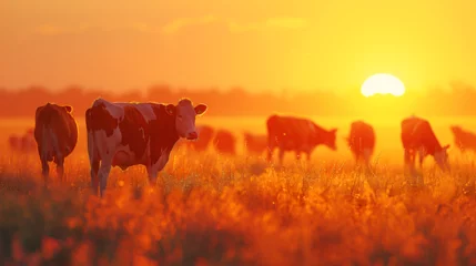 Stoff pro Meter Cows in sunset, Cow, Herd of cows grazing on a farmland in Devon, England, Group of cows stand upright, Generative ai © HayyanGFX