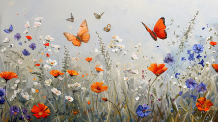 field of poppies and butterflys