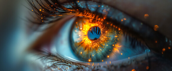 Close-up of a vivid blue eye with sparkling details - obrazy, fototapety, plakaty