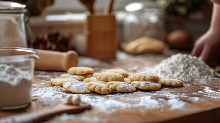 close-up of homemade cookies, flour and ingredients, on wood table countertop