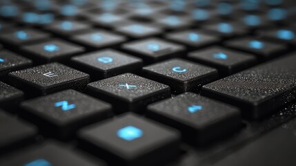   A close-up of a black keyboard with blue lettered keys and numbered keys