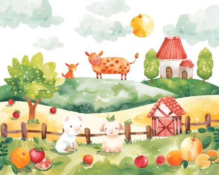 Sunny farm landscape with watercolor animals and fruits