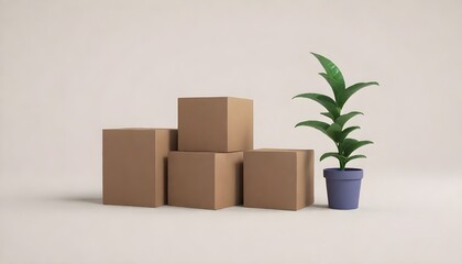 Minimal stylized simple beige cardboard boxes with brown tape, green plant in blue pot. Stacked pile of boxes of sealed goods, personal stuff, home supplies for relocation. 3d render in pastel colors