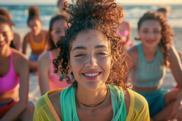Fototapeta premium Radiant Hispanic woman leading a beach martial arts retreat with millennials, blending urban fashion with serene nature