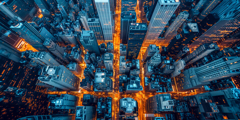 Aerial view of bustling city streets at twilight - obrazy, fototapety, plakaty