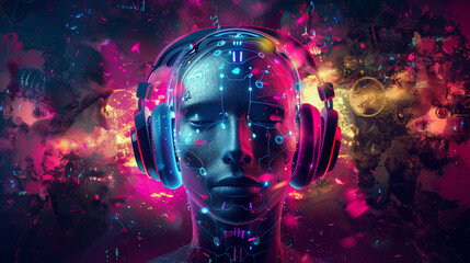 Fototapeta na wymiar Digital art of an AI humanoid with headphones, surrounded by abstract tech elements and vibrant colors. 
