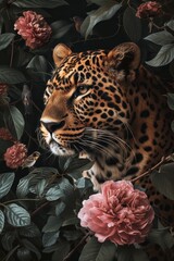   A leopard in a tree, painted with flowers and a bird perched on a branch, surrounded by leaves and blooms