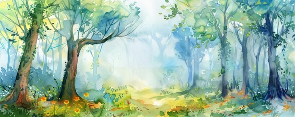 Enchanted forest in watercolor with hidden numbers and letters - obrazy, fototapety, plakaty