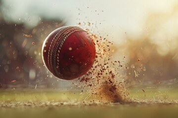 A vibrant red cricket ball plunges toward the ground, creating a dynamic and energetic motion. - obrazy, fototapety, plakaty