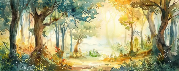 Enchanted forest in watercolor with hidden numbers and letters