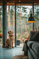 A serene Labrador sits by an open door inside a cozy modern home, with the lush forest outside...