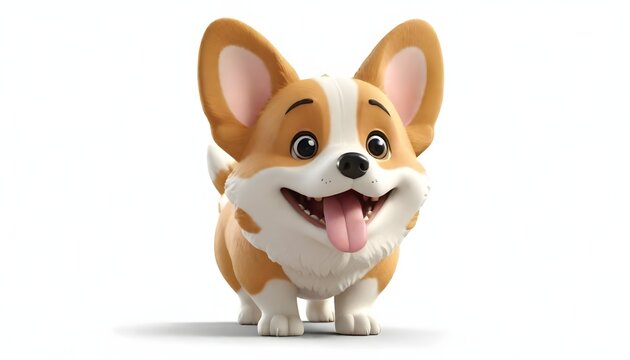 Simple fat cute funny kawaii fluffy cartoon orange corgi puppy, dot eyes, red tongue sticking out of mouth in standing playful pose. Lovely adorable pet minimal style. 3d render isolated