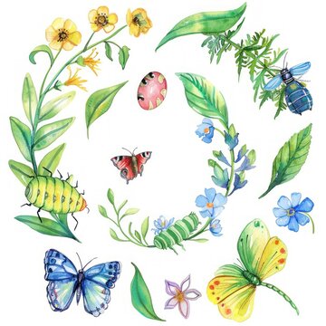 A watercolor clipart depicting the lifecycle of a butterfly from egg to caterpillar to chrysalis to butterfly
