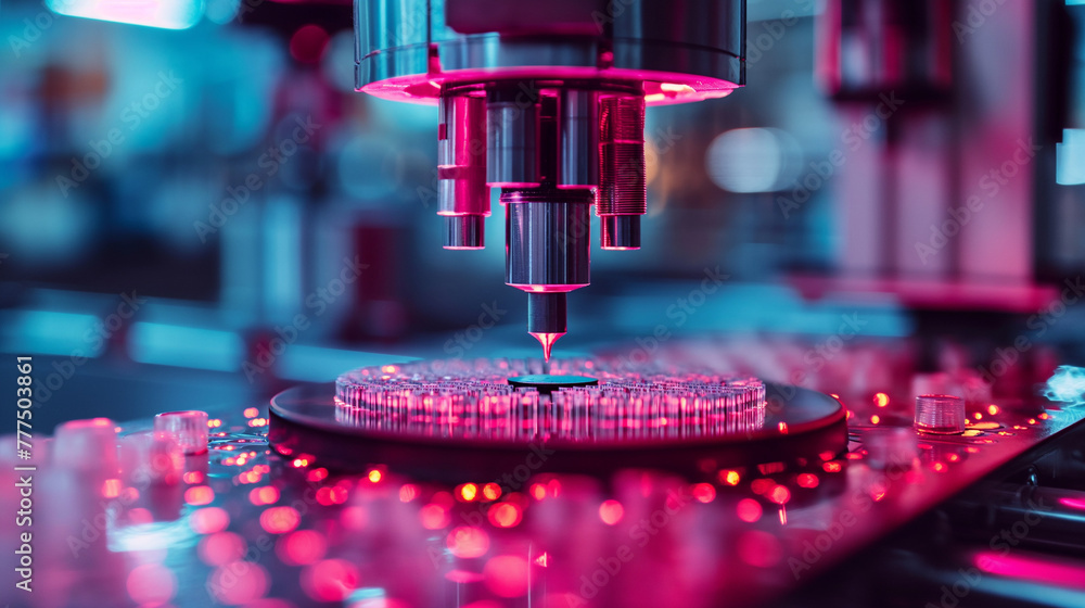 Poster close-up of silicon die are being extracted from semiconductor wafer and attached to substrate by pi