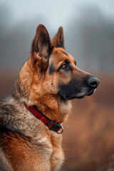 A vigilant German Shepherd dog wearing a red collar, gazing into the distance on an autumn day