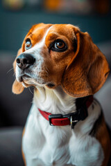 Portrait of a Beagle with beautiful eyes and glossy fur, looking hauntingly soulful indoors