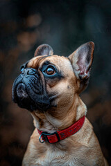 A French Bulldog with a glossy coat wearing a collar, looking up with a focused and contemplative gaze