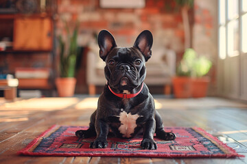A French Bulldog with a captivating gaze on a rug in a homey, rustic setting