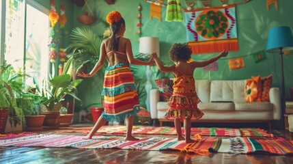 Mother and child in harmonious Cinco de Mayo yoga session within a lively decorated interior. The warm ambiance reflects a cultural celebration through movement and traditional festive home decor