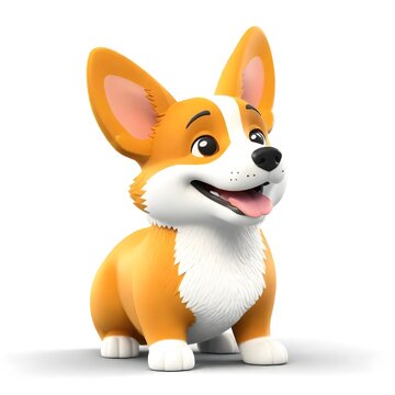 Cute funny kawaii fluffy cartoon orange corgi puppy with dot eyes, smiling face and red tongue sticking out of mouth in sitting playful pose. Lovely pet minimal style. 3d render