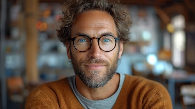   A tight shot of a man in a V-neck sweater and a T-shirt underneath, wearing glasses and a beard