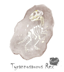 Fossil of Tyrannosaurus rex dinosaur in rock . Watercolor paint design . Vector .