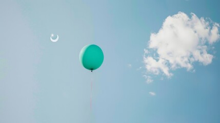Obraz premium Turquoise Crescent Balloon Soaring in the Sky with Star Reflection and Cloud Imagery