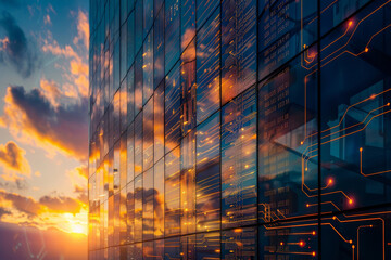 Modern Glass Skyscraper Reflecting Sunset Sky Behind Futuristic Circuitry Overlay - obrazy, fototapety, plakaty
