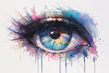 A beautiful watercolor painting of an eye with colorful paint dripping