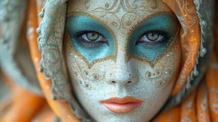  blue and orange makeup, scarved head
