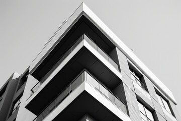 A tall black and white building against a clear sky, showcasing its grandeur and architectural...