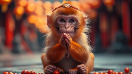   A monkey, situated near the ground, closely holds tomatoes in front of it Background softly blurred - obrazy, fototapety, plakaty