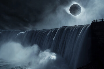 Majestic Nighttime Waterfall with Eclipse, Mystical Atmosphere, Tourists Gazing - obrazy, fototapety, plakaty