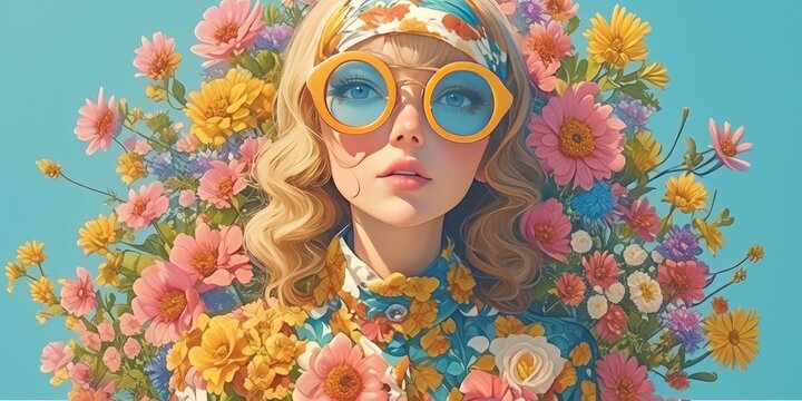 A blonde woman with colorful sunglasses and floral headscarf, surrounded by vibrant flowers in a psychedelic style. 