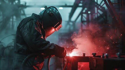 Skilled worker welding in an industrial environment. Close-up of expertise in manufacturing. Protective gear for safety on site. Welding sparks illuminate the work area. AI