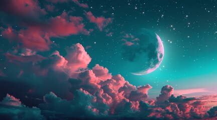   Blue-pink sunset sky with clouds, half moon, and scattered stars