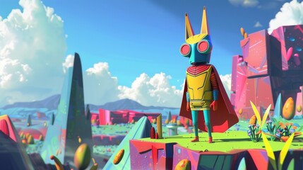 Cartoonish supervillain in a bright, surreal landscape, where evil meets adorable - obrazy, fototapety, plakaty