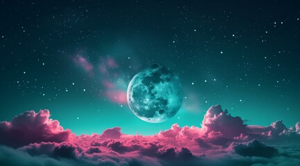 Fototapeta na wymiar Full moon amidst clouds in foreground, stars in background sky