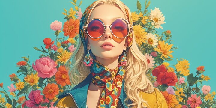 A blonde woman with colorful sunglasses and floral headscarf, surrounded by vibrant flowers in a psychedelic style.