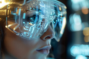 Futuristic Woman Wearing Advanced Technology Augmented Reality Headset Interface