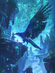 Fototapeta na wymiar Neon runes etch the cyber landscape, guiding Odins digital ravens across virtual skies