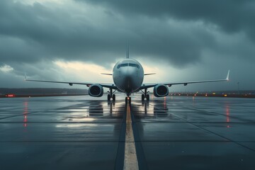   A large jetliner rests on an airport tarmac, situated beneath a cloud-studded sky Lights mark the ends of the runway - obrazy, fototapety, plakaty