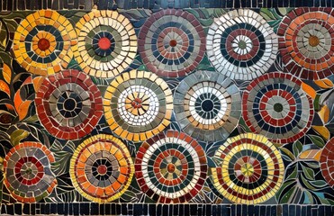 Geometric mosaic artwork with concentric circles in earthy tones, reflecting ancient design techniques and symmetry in art