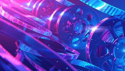A cinematic background featuring film reel spools with blurred lights, representing the essence of cinema and storytelling in video marketing - obrazy, fototapety, plakaty