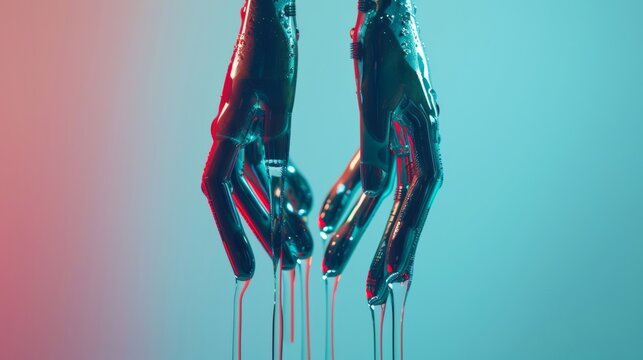 Abstract portrayal of robotic legs with dripping red hues, a conceptual visualization of modern technology and human-like form - Powered by Adobe