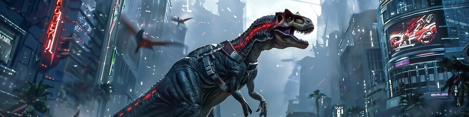 An Allosaurus mercenary in futuristic gear, patrolling a dystopian cityscape with high-tech weapons at its disposal