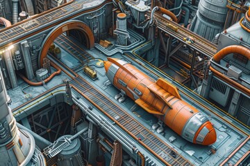 A detailed view of a rocket on the launch pad, surrounded by technological marvels.