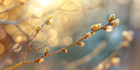 Abstract sunny day background in spring forest, branches with buds and young leaves in the sunlight - obrazy, fototapety, plakaty