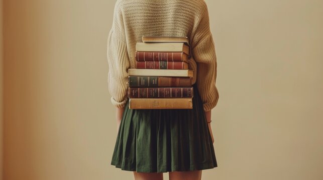 Student in autumn attire balancing a stack of classic books, a nod to traditional learning and copyright day