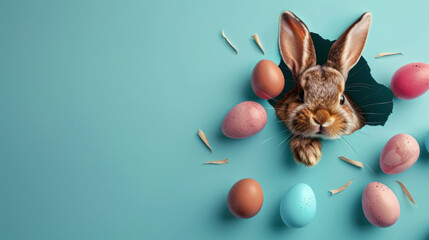 Fototapeta na wymiar Easter Bunny peeking out of a hole with chocolate easter eggs on pastel wall banner, Generative AI